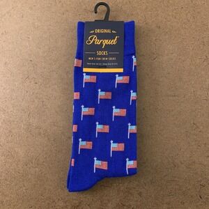 Parquet Men's Shoe Size 6-12.5 Blue American Flag Fun Crew Socks 1 Pair NWT